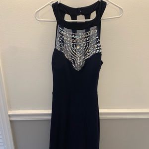 Navy blue prom dress with slit